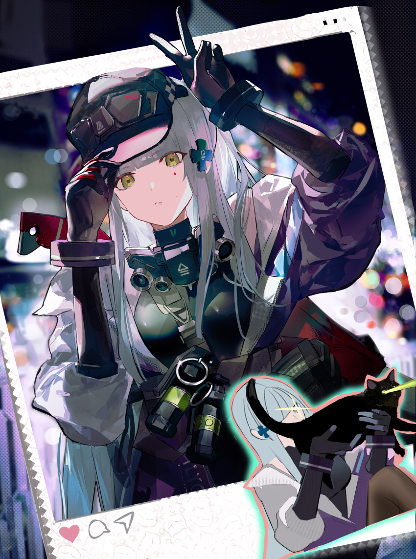 1girl, absurdres, cat, closed_mouth, cross_hair_ornament, facial_mark, stun_grenade, girls'_frontline, girls'_frontline_2:_exilium, green_eyes, grey_hair, hair_ornament, hand_on_headwear, hat, highres, hk416_(girls'_frontline), jacket, jingmi, klukai_(girls'_frontline_2), long_hair, multicolored_jacket, polaroid_photo, ponytail, purple_jacket, sidelocks, v, white_jacket