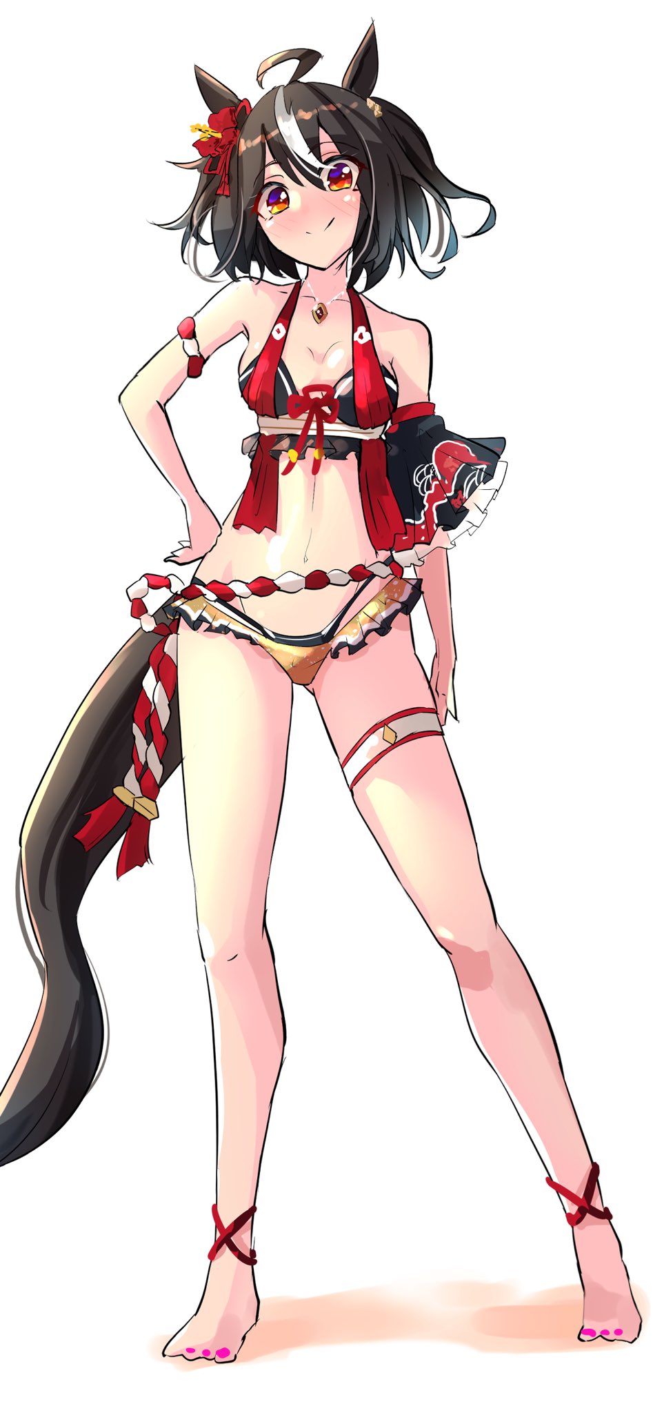 1girl, ahoge, animal_ears, barefoot, bikini, black_hair, blush, breasts