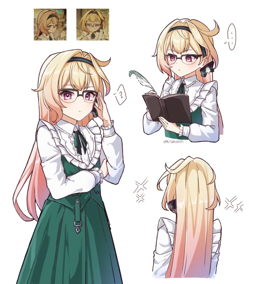 1girl, ?, aged_down, akishiorin, blonde_hair, book, closed_mouth, dress, emilie_(genshin_impact), feathers, genshin_impact, glasses, green_skirt, hairband, highres, holding, holding_book, holding_feather, long_hair, long_sleeves, multicolored_hair, orange_hair, pink_eyes, skirt, white_background, white_dress