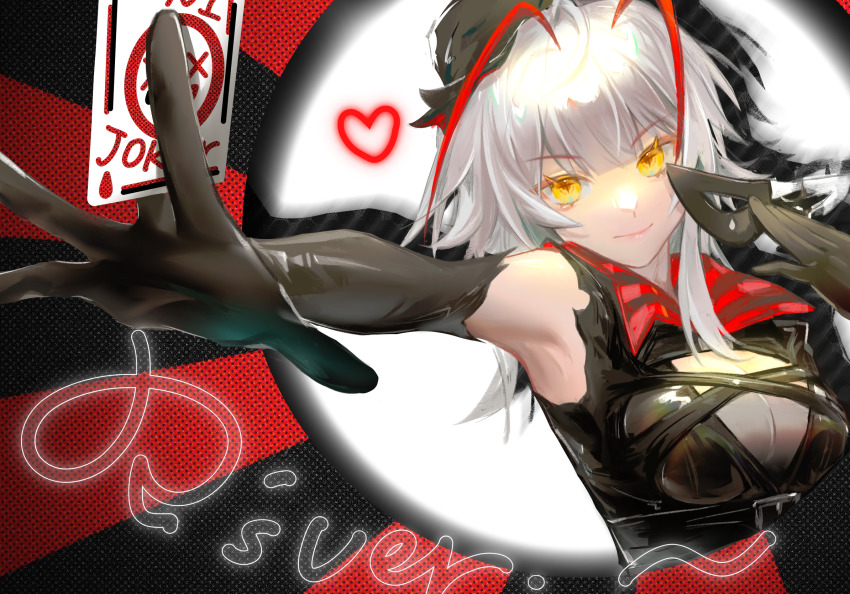 1girl, ambience_synesthesia, antenna_hair, arknights, black_gloves, black_shirt, breasts, card