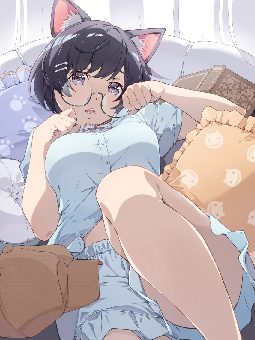 1girl, absurdres, animal_ear_fluff, animal_ears, black_hair, breasts, cat_ears, cat_girl, glasses, hair_ornament, hairclip, hanekawa_tsubasa, hatanana_(ag6uptphhal3frd), highres, indoors, large_breasts, looking_at_viewer, monogatari_(series), open_mouth, paw_pose, pillow, purple_eyes, short_hair, sleepwear, solo