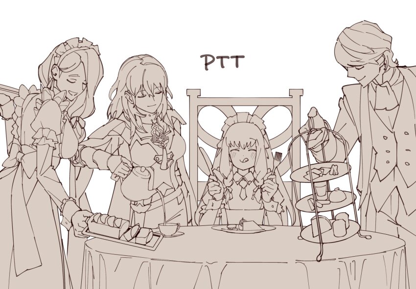 1boy, 3girls, alternate_costume, apron, ascot, bolo_tie, braid, braided_sidelock