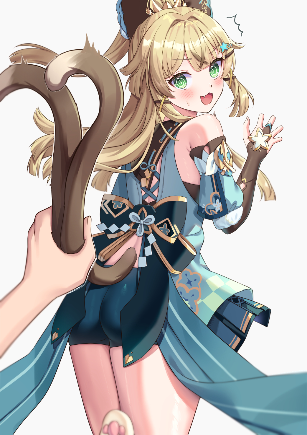 animal_ears, ass, blonde_hair, blush, brown_tank_top, cat_ears, cat_feet, cat_girl