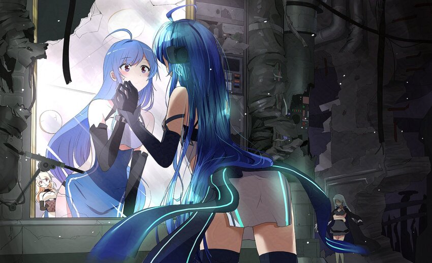 4girls, against_mirror, azur_lane, bare_shoulders, black_garter_straps, black_gloves, black_thighhighs, blue_eyes