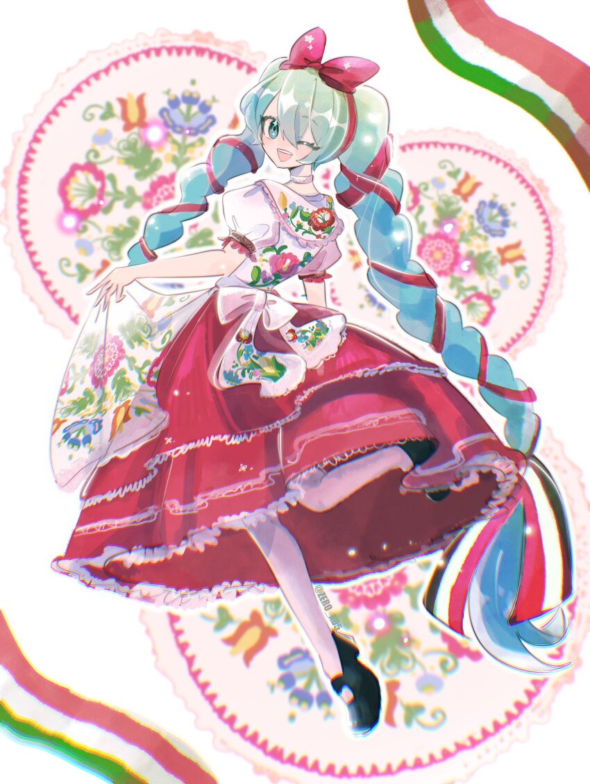 1girl, apron, aqua_eyes, aqua_hair, back_bow, black_shoes, bow, braid