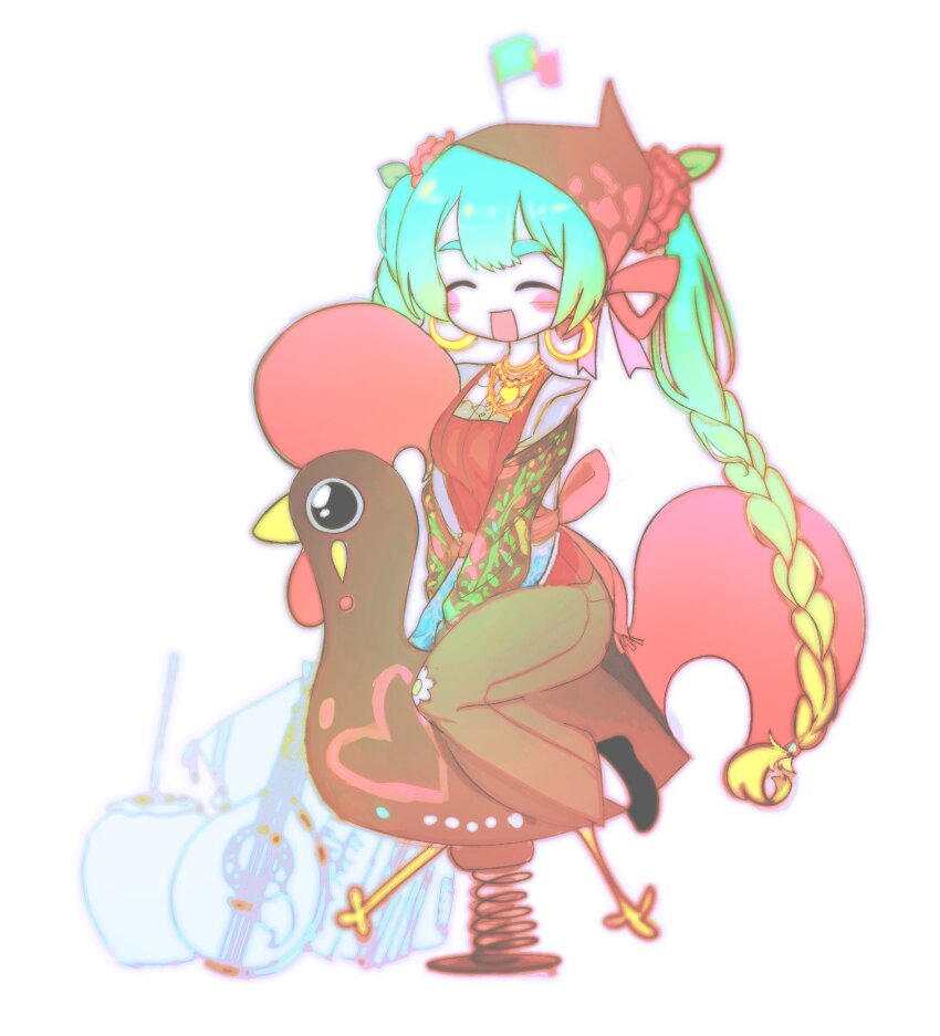 1girl, :d, accordion, aqua_hair, bird, brown_pants, detached_sleeves, earrings, flower, gold_earrings, gold_necklace, hair_flower, hair_ornament, hatsune_miku, highres, instrument, jewelry, long_hair, mittydotx, necklace, open_mouth, pants, portugal, portuguese_clothes, portuguese_flag, portuguese_guitar, portuguese_miku, riding, rooster_of_barcelos, smile, solo, spring_rider, twintails, very_long_hair, vocaloid, worldwide_miku