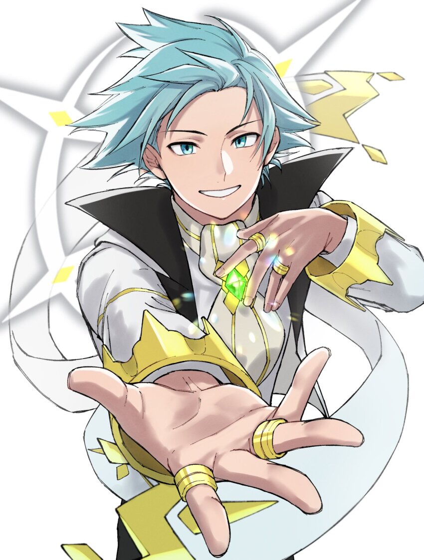1boy, aqua_eyes, aqua_hair, commentary_request, gem, glowing_gem, green_gem, grin, happy, highres, jacket, jewelry, long_sleeves, looking_at_viewer, male_focus, mocollie, nintendo, official_alternate_costume, outstretched_arm, outstretched_hand, pokemon, pokemon_masters_ex, ring, short_hair, smile, solo, steven_stone, steven_stone_(arc_suit), teeth, white_jacket