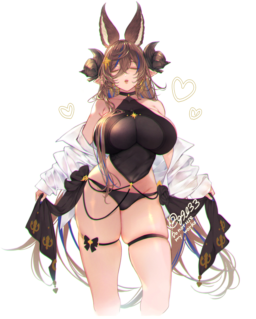 1girl, animal_ears, bare_shoulders, bikini, black_bikini, black_choker, blue_hair, breasts, brown_hair, choker, cleavage, closed_eyes, collarbone, extra_ears, g9l33, galleon_(granblue_fantasy), galleon_(summer)_(granblue_fantasy), granblue_fantasy, hair_between_eyes, highres, horns, huge_breasts, long_hair, multicolored_hair, nail_polish, official_alternate_costume, plump, pointy_ears, see-through_cleavage, see-through_clothes, shirt, skindentation, solo, streaked_hair, swimsuit, thigh_strap, white_shirt