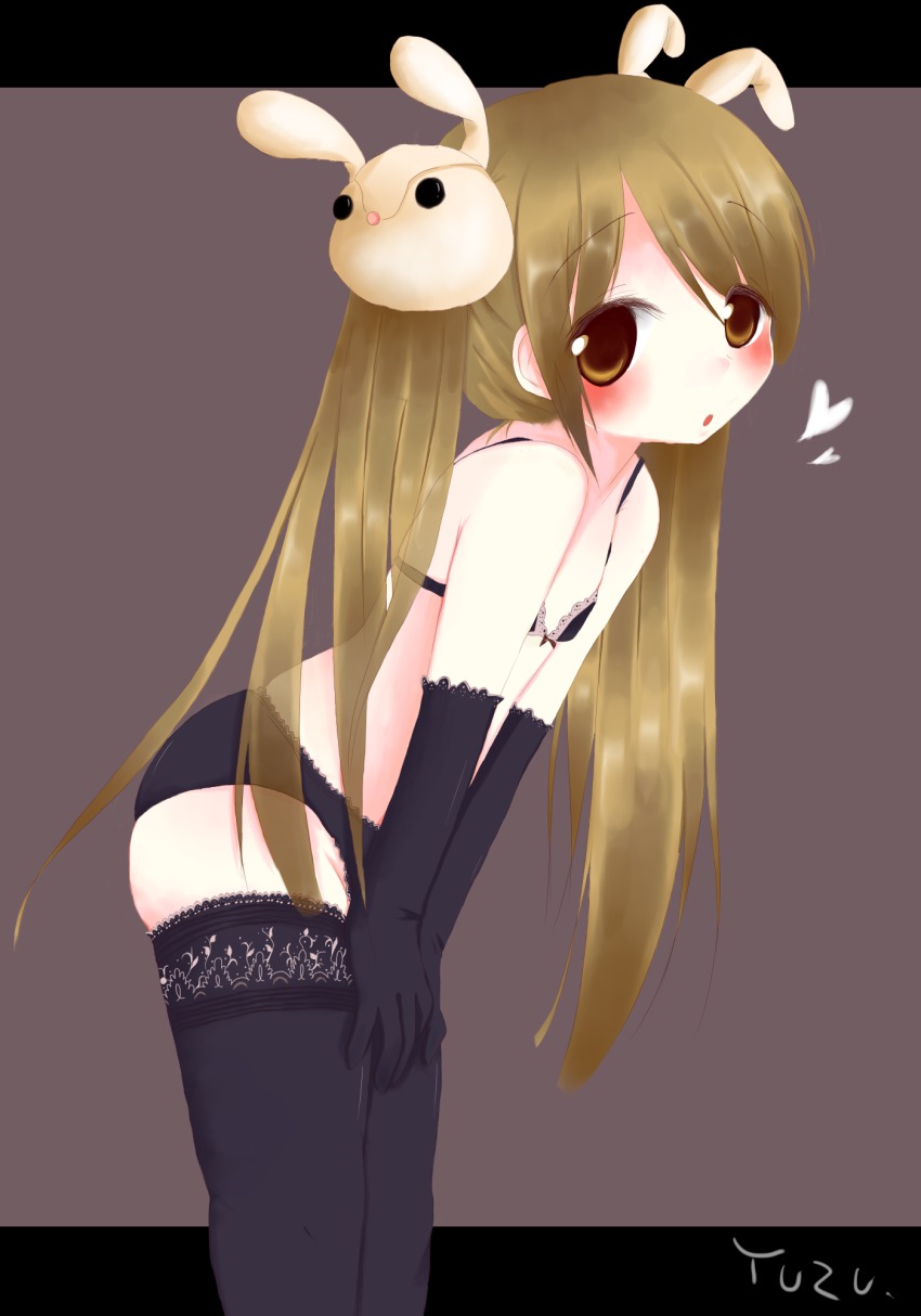 1boy, arimasen_(yokaroumon), black_thighhighs, blush, bra, brown_eyes, brown_hair, child