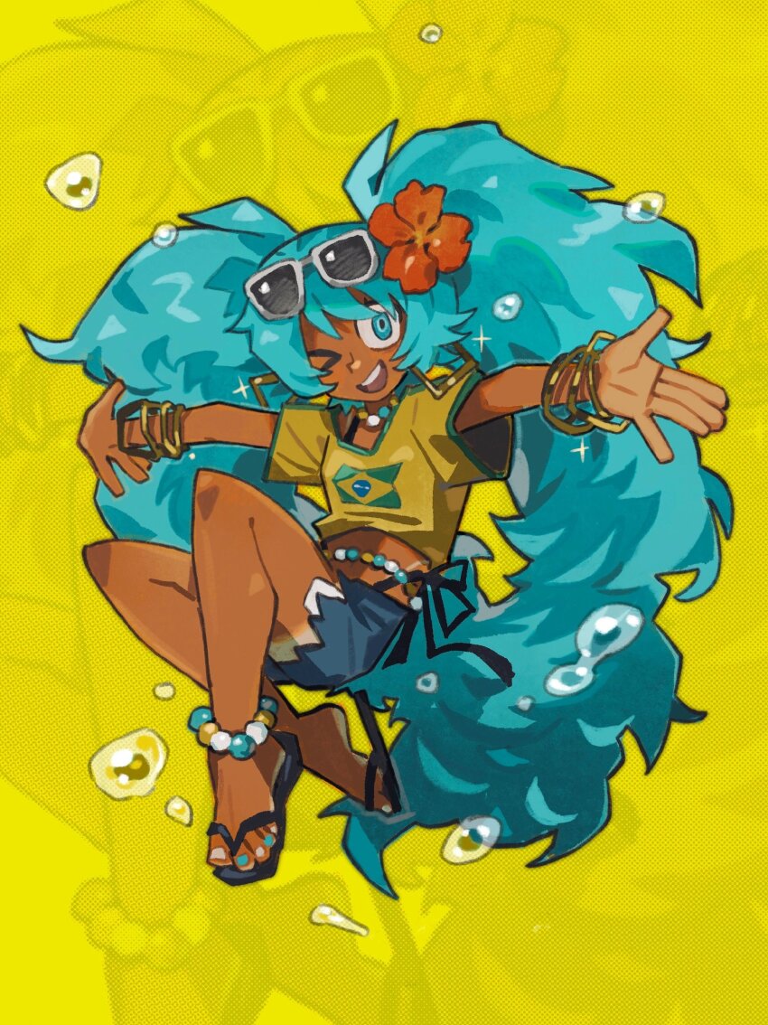 1girl, absurdres, blue_eyes, blue_hair, brazilian_flag, brazilian_flag_print, brazilian_miku, crop_top, duantouhongmo, flag_print, flip-flops, glasses_on_head, hatsune_miku, highres, one_eye_closed, sandals, shorts, solo, vocaloid, yellow_background