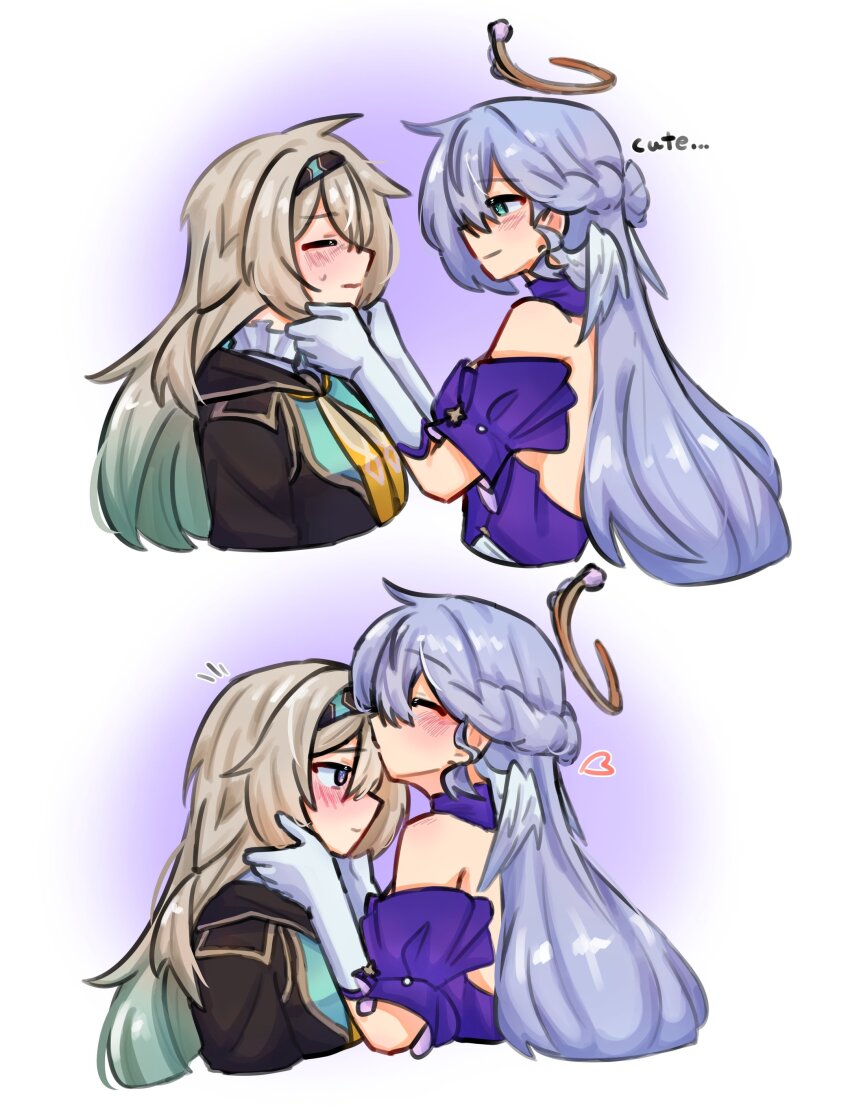 2girls, absurdres, akai_(atcually), bare_shoulders, black_hairband, blue_eyes, blush, closed_eyes