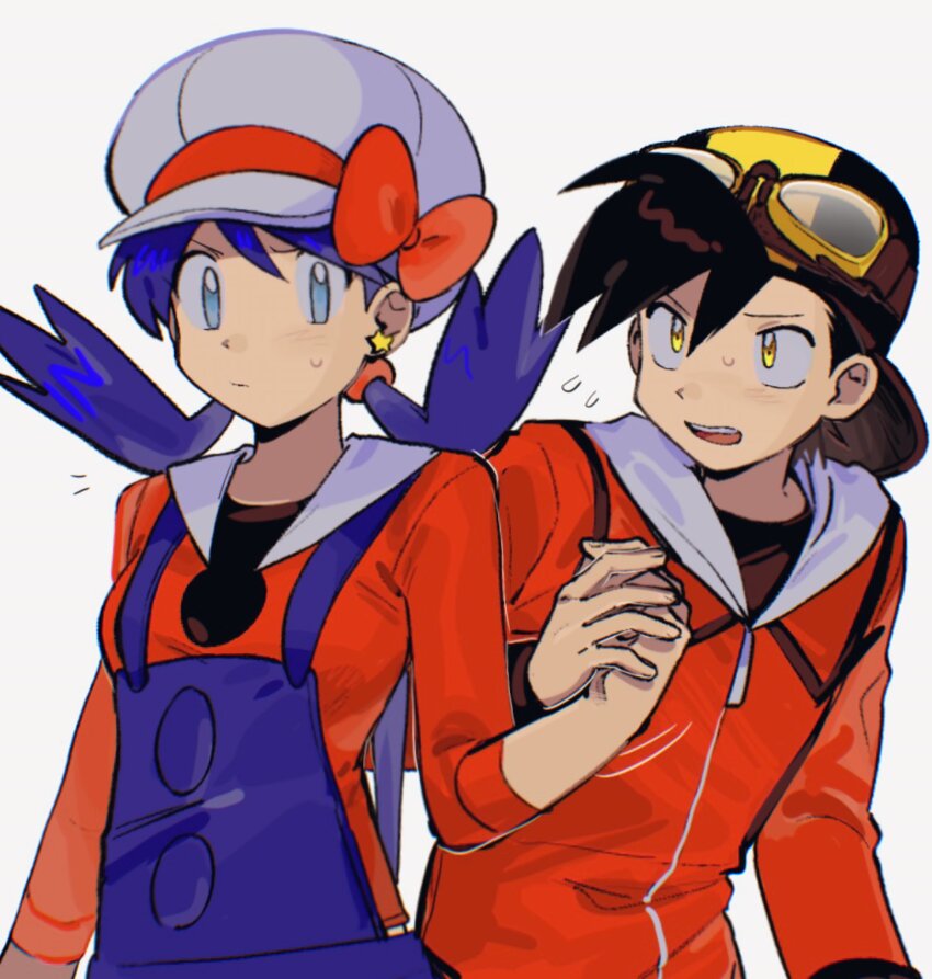 1boy, 1girl, afyewv5, backwards_hat, black_hair, blue_eyes, blue_hair, blue_overalls