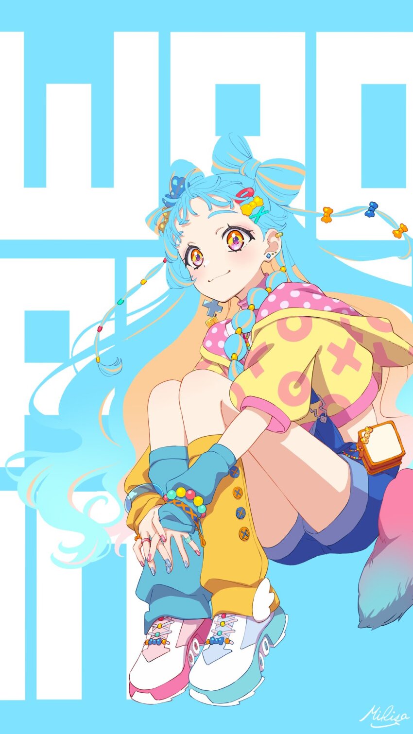 1girl, aikatsu!_(series), aikatsu_academy!, asymmetrical_footwear, asymmetrical_legwear, blue_background, blue_footwear, blue_hair