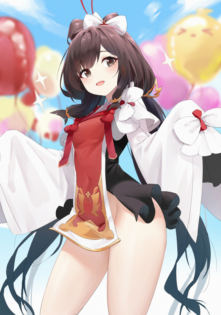 1girl, absurdres, azur_lane, balloon, black_eyes, black_hair, blue_sky, blurry