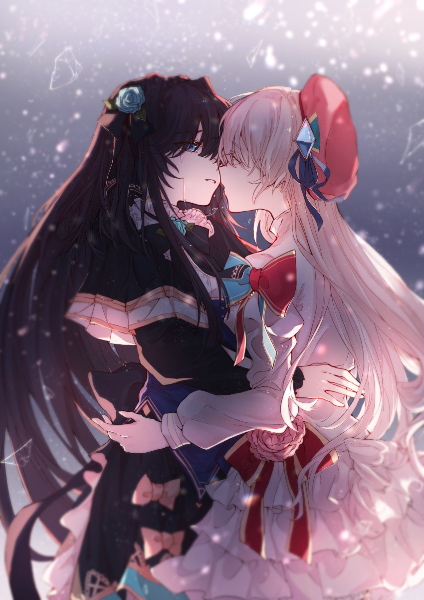 2girls, absurdres, arcaea, beret, black_capelet, black_dress, black_hair, black_ribbon