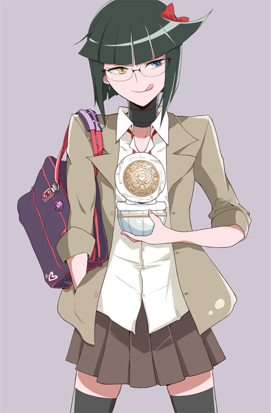 10s, 1girl, :p, bag, black_neckwear, black_thighhighs, blue_eyes, bob_cut