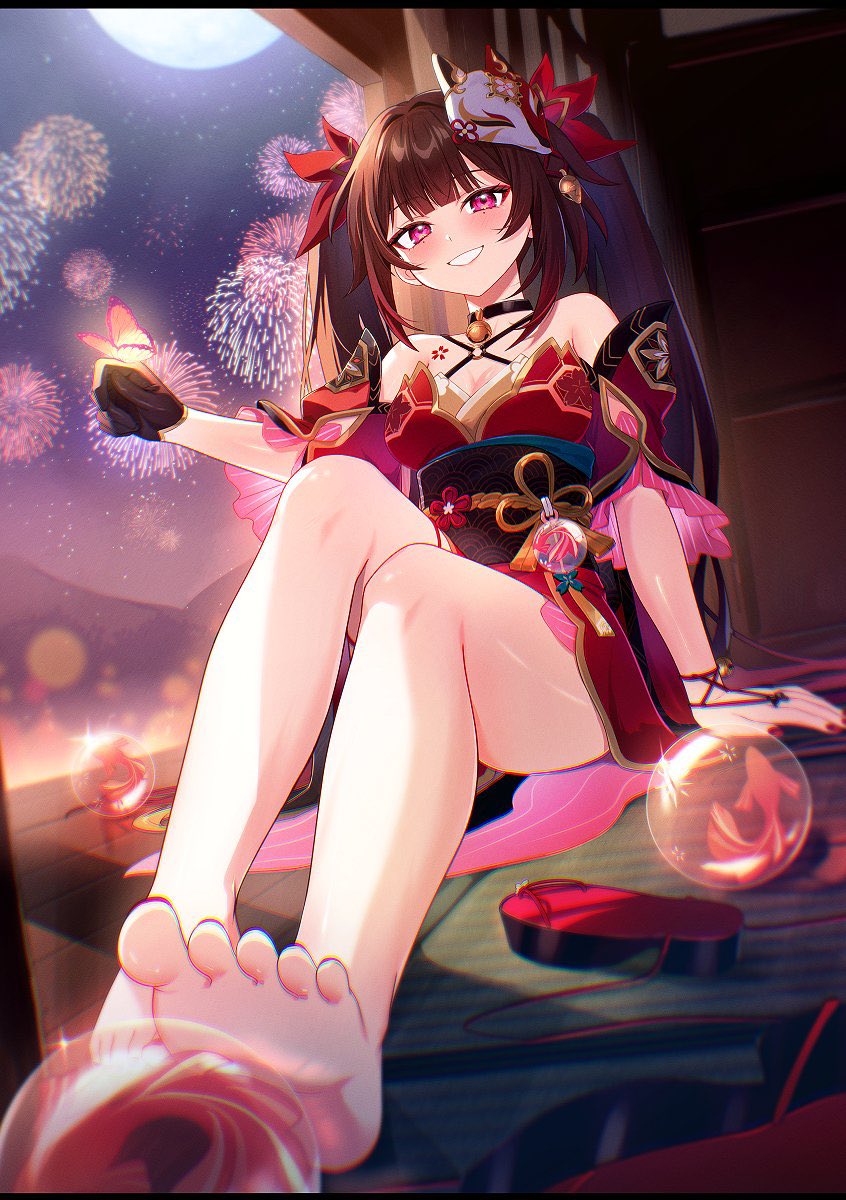 1girl, aerial_fireworks, bare_shoulders, barefoot, bell, black_gloves, breasts, brown_hair, bug, butterfly, cleavage, dress, feet, fireworks, flower_tattoo, fox_mask, full_body, gloves, hair_between_eyes, highres, honkai:_star_rail, honkai_(series), insect, japanese_clothes, long_hair, looking_at_viewer, mask, mask_on_head, medium_breasts, mm_(motot), neck_bell, night, obi, pink_eyes, red_dress, sash, sitting, sky, smile, solo, sparkle_(honkai:_star_rail), tattoo, twintails