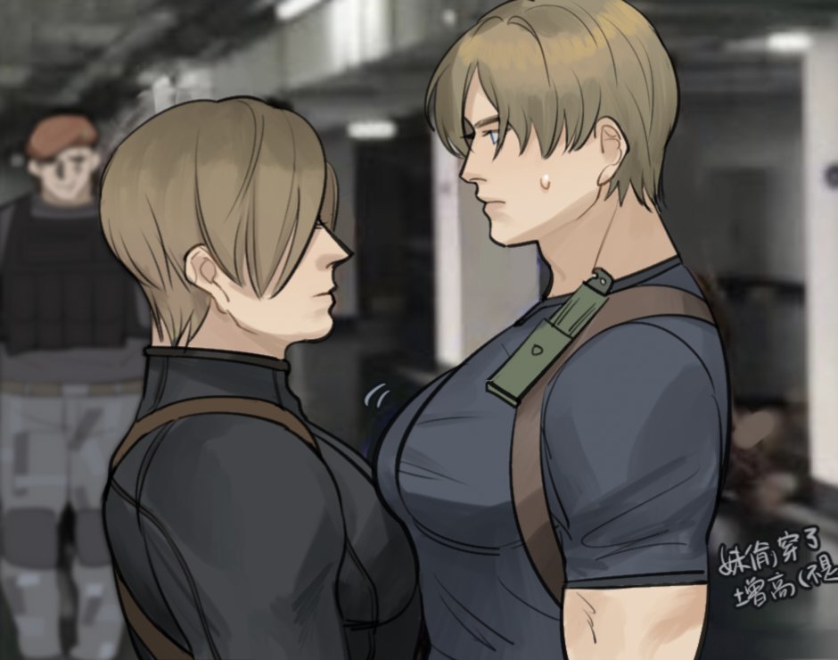 2boys, beret, black_shirt, blonde_hair, blue_eyes, blue_shirt, bulletproof_vest, chest_harness