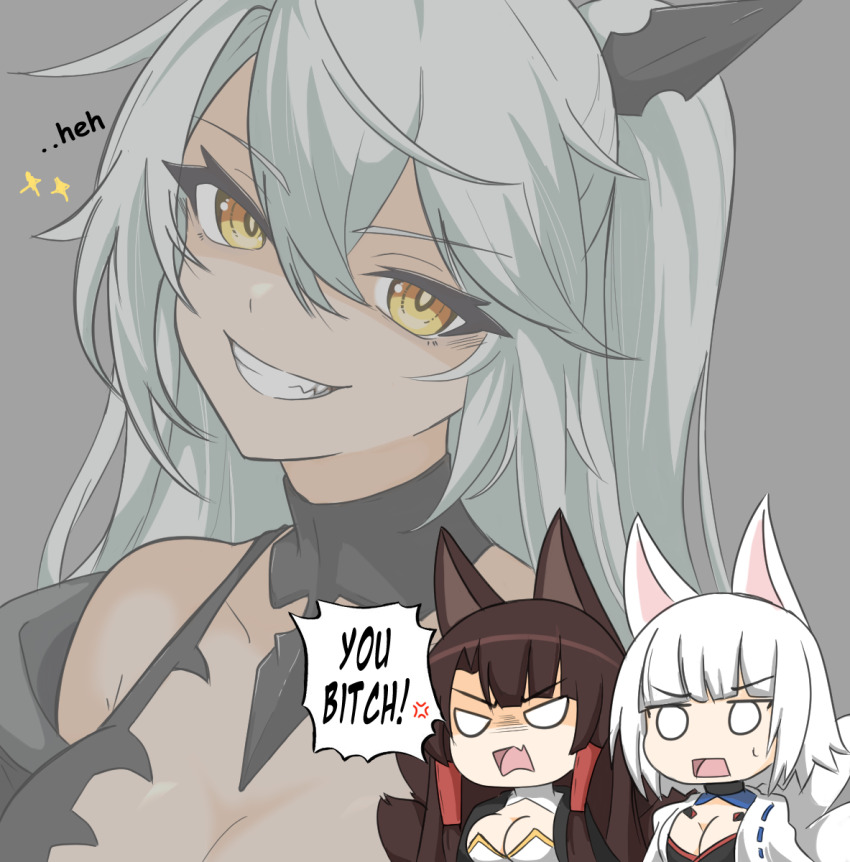 3girls, akagi_(azur_lane), anger_vein, animal_ear_fluff, animal_ears, arbiter_the_hermit_ix_(azur_lane), azur_lane, breasts