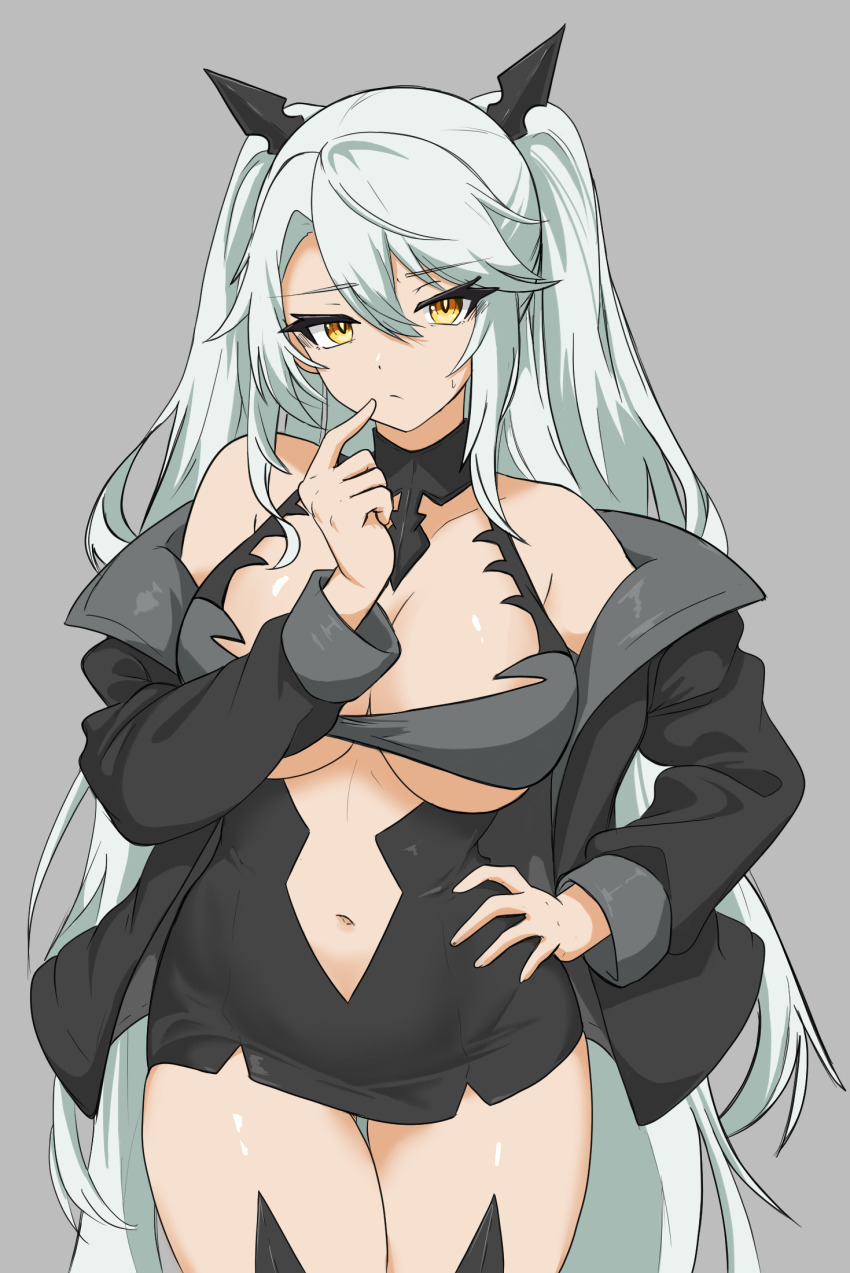 1girl, arbiter_the_hermit_ix_(azur_lane), azur_lane, black_dress, black_jacket, breasts, center_opening, closed_mouth