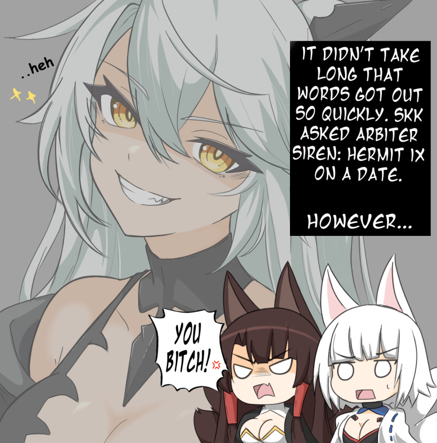 3girls, akagi_(azur_lane), anger_vein, animal_ear_fluff, animal_ears, arbiter_the_hermit_ix_(azur_lane), azur_lane, breasts