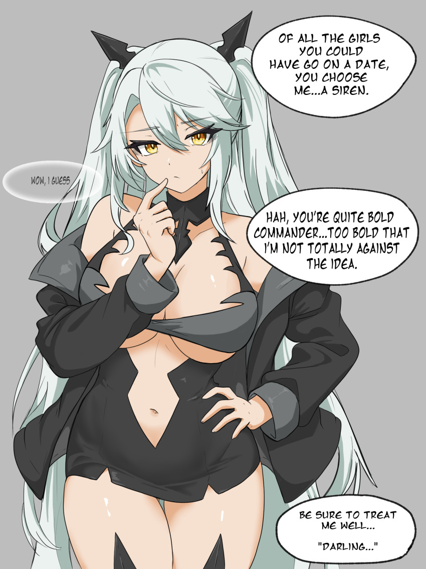1girl, arbiter_the_hermit_ix_(azur_lane), azur_lane, black_dress, black_jacket, breasts, center_opening, closed_mouth, dress, english_text, gluteal_fold, grey_background, grey_hair, hair_between_eyes, hand_on_own_cheek, hand_on_own_face, hand_on_own_hip, highres, jacket, jaggi_95, large_breasts, long_hair, navel, pov, short_dress, simple_background, siren_(azur_lane), solo, speech_bubble, stomach, sweatdrop, very_long_hair, yellow_eyes