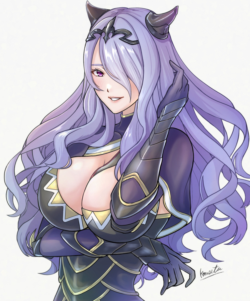 1girl, arm_under_breasts, armor, black_armor, black_horns, blush, breasts, camilla_(fire_emblem)
