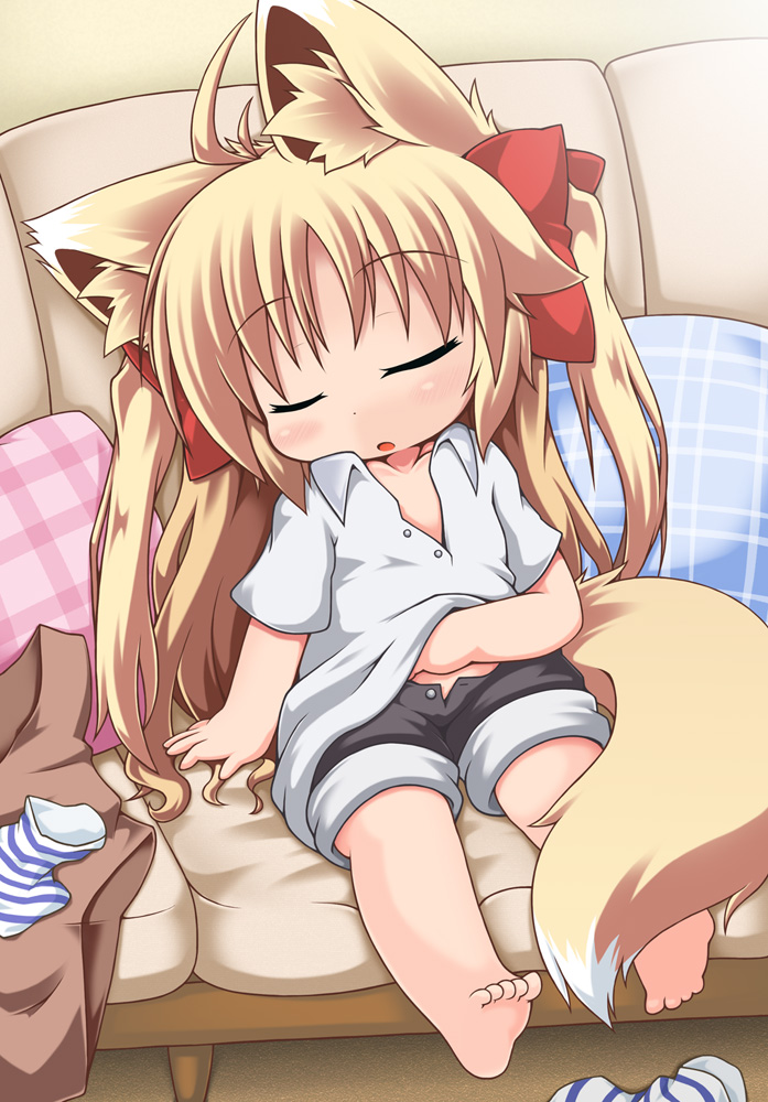 1girl, ahoge, animal_ears, barefoot, blonde_hair, blush, child, chisa_(kuroneko_liger)