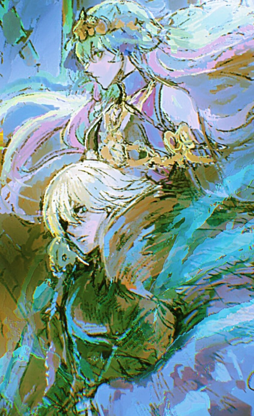 1boy, 1girl, armor, bare_shoulders, black_armor, black_fur, black_shirt, blue_eyes