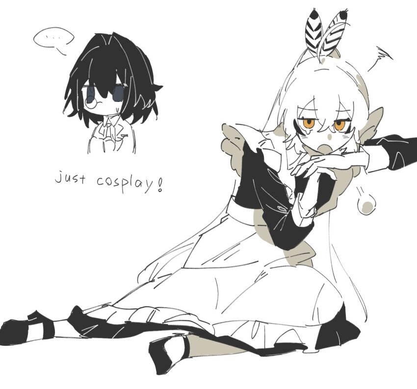 ..., 2girls, ahoge, alternate_costume, apron, black_dress, black_footwear, brown_eyes