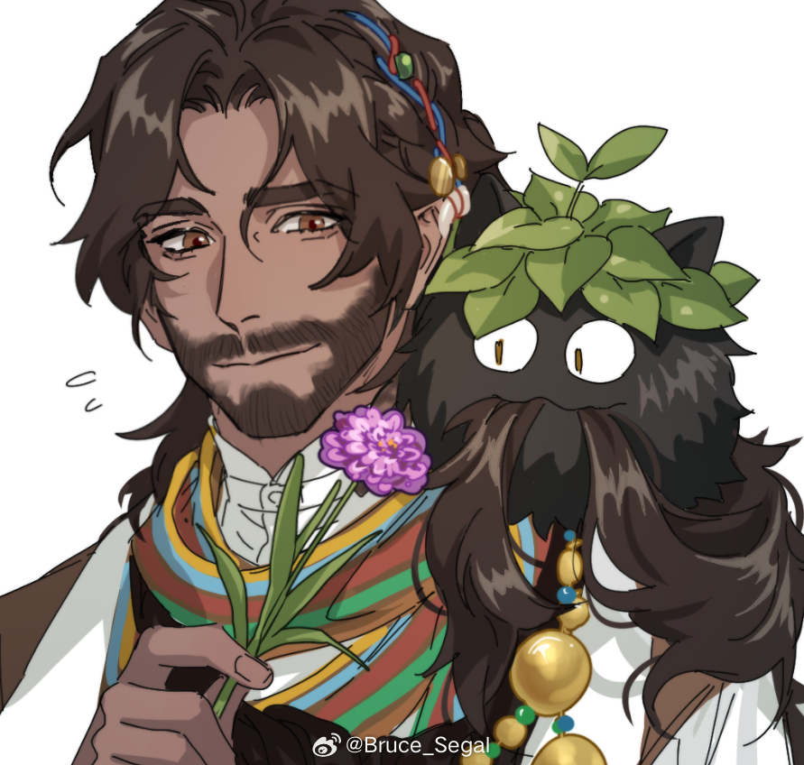 1boy, anderain, beard_stubble, breasts, brown_eyes, brown_hair, carbuncle_(reverse:1999), closed_mouth