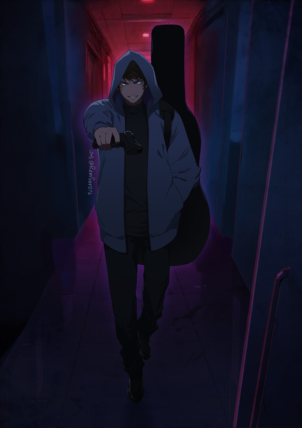 1boy, aiming, aiming_at_viewer, black_pants, black_shirt, blue_eyes, blurry, blurry_background