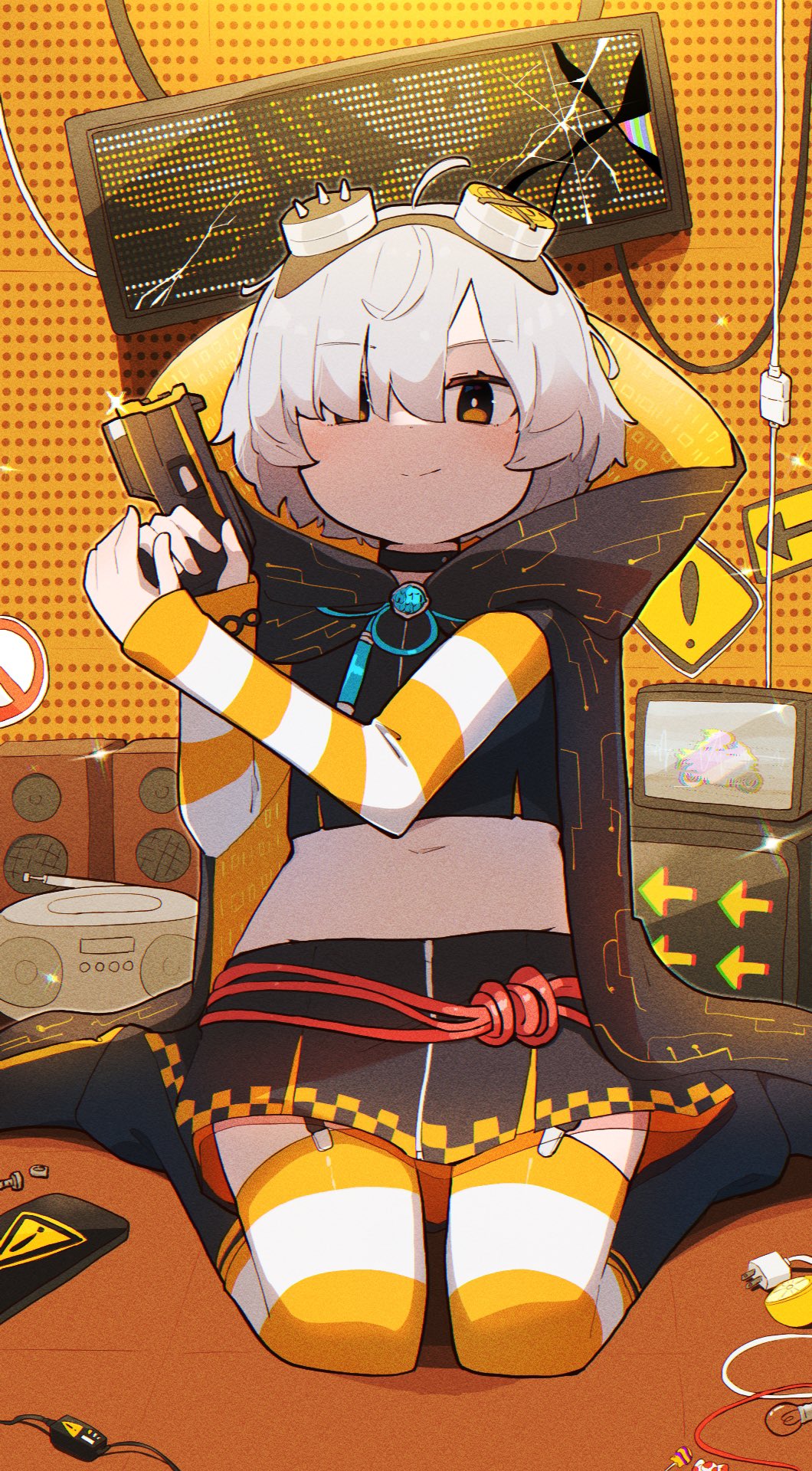 1girl, ahoge, arrow_(symbol), asymmetrical_eyewear, binary, black_cloak, black_shirt, black_skirt