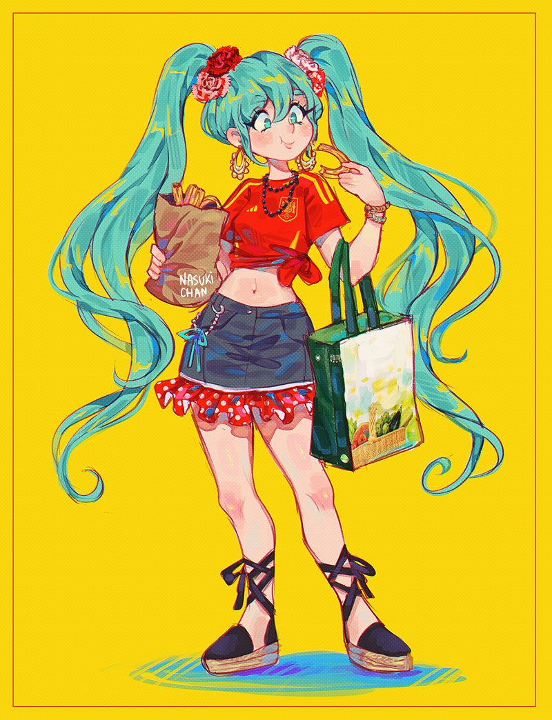 1girl, alternate_costume, aqua_eyes, aqua_hair, bag, bead_necklace, beads, black_shoes