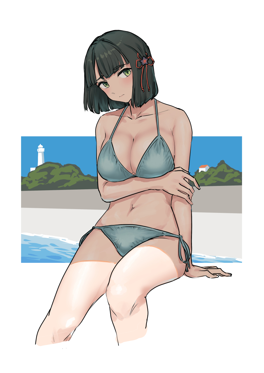 1girl, 3:, absurdres, alternate_costume, bikini, black_hair, blue_bikini, blunt_bangs