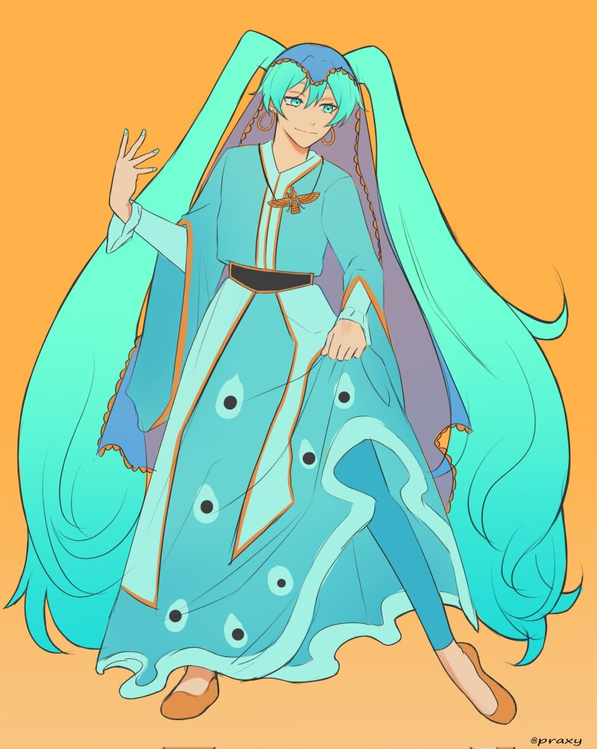 1girl, aqua_eyes, aqua_hair, closed_mouth, clothing_request, commentary, corrupted_twitter_file, dress, earrings, english_commentary, eyelashes, full_body, hair_between_eyes, hatsune_miku, highres, hoop_earrings, jewelry, lifting_own_clothes, long_hair, praxycho, simple_background, smile, solo, standing, twintails, twitter_username, veil, very_long_hair, vocaloid, worldwide_miku, yellow_background