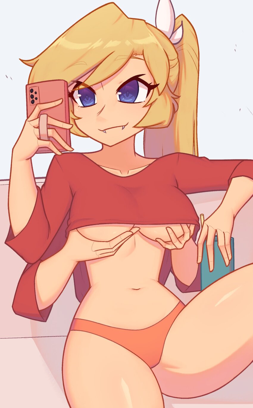 1girl, absurdres, blonde_hair, blue_eyes, breasts, cellphone, closed_mouth, commentary