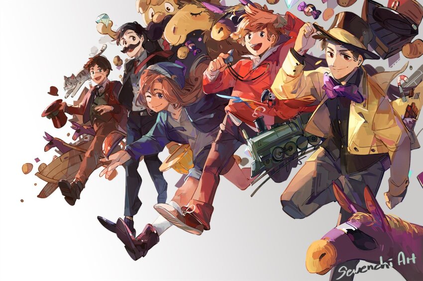 1girl, 4boys, :d, adjusting_clothes, adjusting_headwear, animal, animification, beanie, bird, black_hair, blue_hoodie, bow, bowtie, brown_hair, brown_pants, candy, cat, commentary, english_commentary, facial_hair, food, formal_clothes, goodtimeswithscar, goodtimeswithscar_(tycoon), grian_(conductor)_(hermitcraft), grian_(youtuber), hat, hermitcraft, holding, holding_whistle, hood, hood_down, hoodie, horse, impulsesv, jacket, jellie_(hermitcraft), long_hair, looking_at_viewer, macaw, minecraft_youtube, multiple_boys, mumbo_jumbo_(youtuber), mustache, necktie, official_alternate_costume, one_eye_closed, open_clothes, open_hoodie, open_jacket, open_mouth, pants, parrot, pearlescentmoon, pet, purple_bow, purple_bowtie, red_necktie, red_sweater, scar, scarlet_macaw, sevenchi, shoes, short_hair, shorts, signature, simple_background, smile, sneakers, suit, sweater, top_hat, train, unworn_hat, unworn_headwear, whistle, yellow_jacket