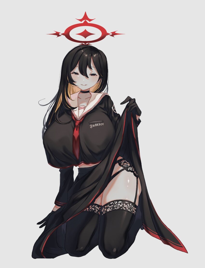 1girl, alternate_breast_size_(larger), binah_(project_moon), black_choker, black_eyes, black_gloves, black_hair, black_thighhighs