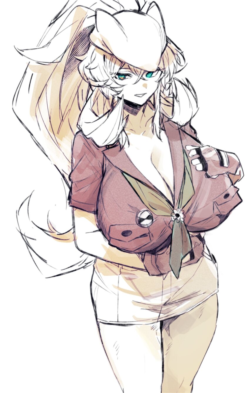 1girl, abs, absurdres, barghest_(fate), barghest_(swimsuit_archer)_(fate), barghest_(swimsuit_archer)_(first_ascension)_(fate), biceps, blonde_hair, breasts, fate/grand_order, fate_(series), green_eyes, grey_hat, hat, highres, huge_breasts, muscular, muscular_female, official_alternate_costume, rakka_1, scout_movement, scout_uniform, shirt, simple_background, solo, tall_female, tied_shirt, white_background