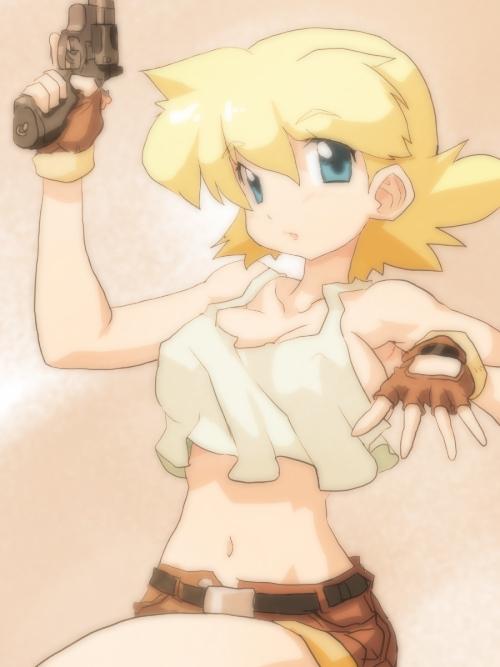 1980s_(style), 1girl, aqua_eyes, arm_up, bad_source, belt, black_belt, blonde_hair, blur_layer, breasts, brown_background, brown_gloves, brown_shorts, clip_studio_paint_(medium), clothing_cutout, commentary, covered_erect_nipples, cowboy_shot, flipped_hair, glove_cutout, gloves, gun, hand_up, handgun, holding, holding_gun, holding_weapon, knee_up, medium_breasts, medium_hair, navel, oldschool, open_hand, original, parted_lips, retro_artstyle, short_shorts, shorts, solo, soutasan, stomach, swept_bangs, tank_top, thighhighs, weapon, white_tank_top, zettai_ryouiki