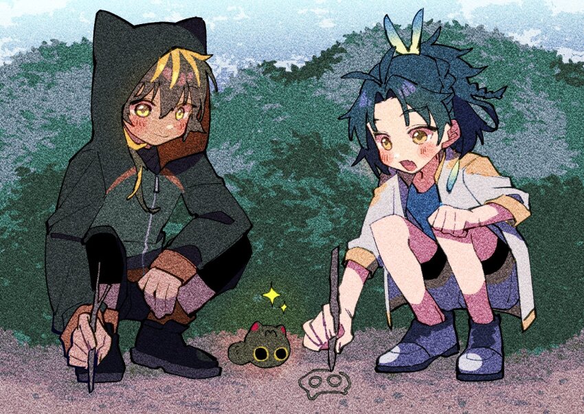 2boys, antenna_hair, black_footwear, black_hair, blue_shirt, blush, bush, cowboy_shot, drawing_(action), high_ponytail, hood, hooded_jacket, jacket, kashagiri's_cat_(touken_ranbu), kashagiri_(touken_ranbu), long_sleeves, multiple_boys, nploser, open_mouth, parted_bangs, ponytail, shirt, shoes, shorts, taikogane_sadamune, touken_ranbu, white_footwear, white_jacket, white_shorts, yellow_eyes
