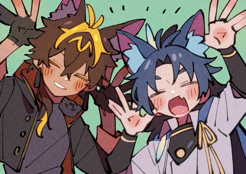 2boys, animal_ears, antenna_hair, arms_up, black_gloves, black_jacket, black_shirt, blonde_hair