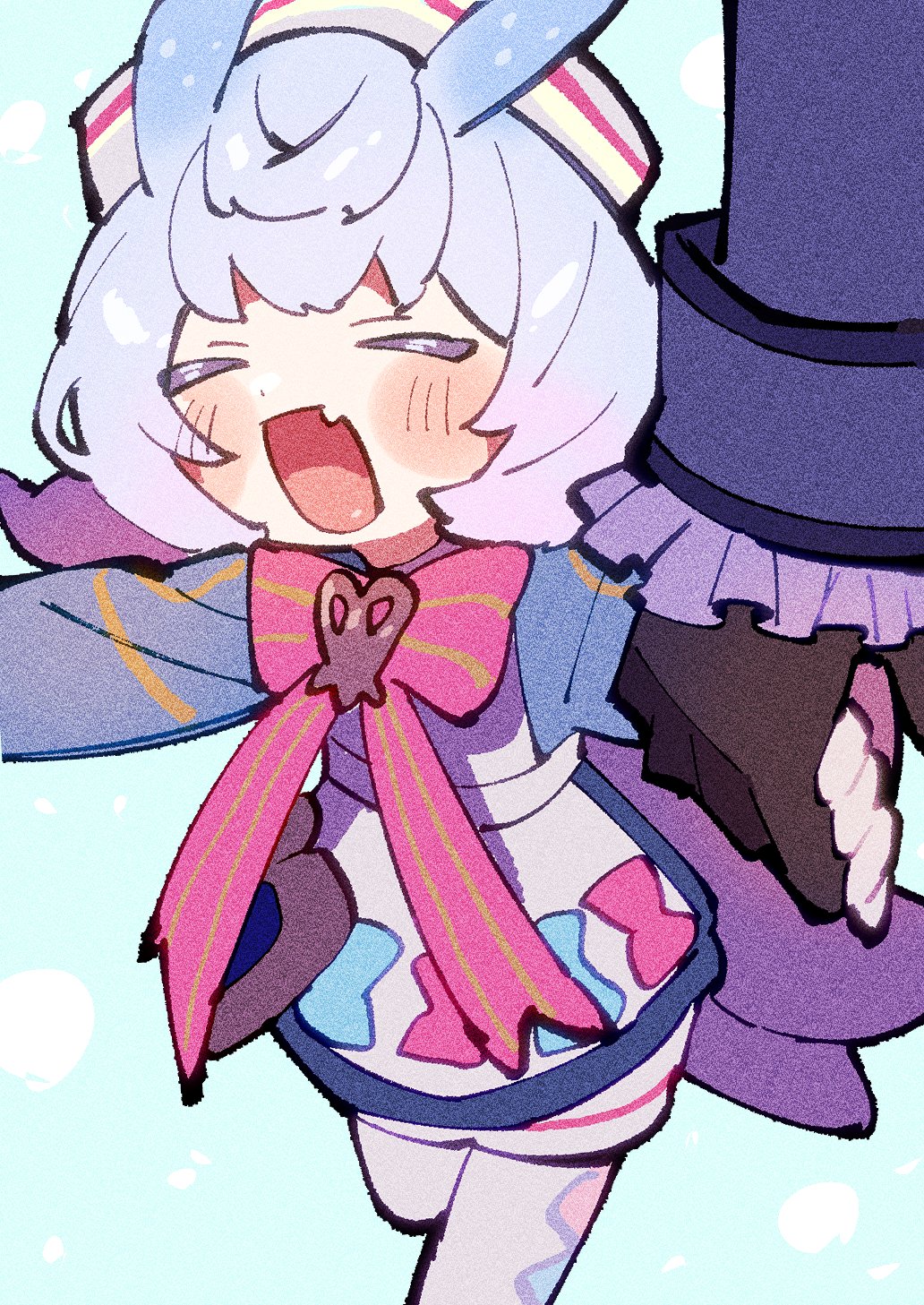 1boy, 1girl, apron, aqua_bow, black_gloves, blue_background, blue_coat, blue_dress