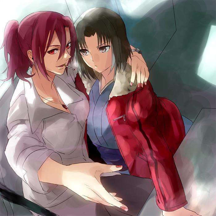 2girls, aozaki_touko, arm_around_neck, black_thighhighs, brown_eyes, brown_hair, cigarette, fingernails