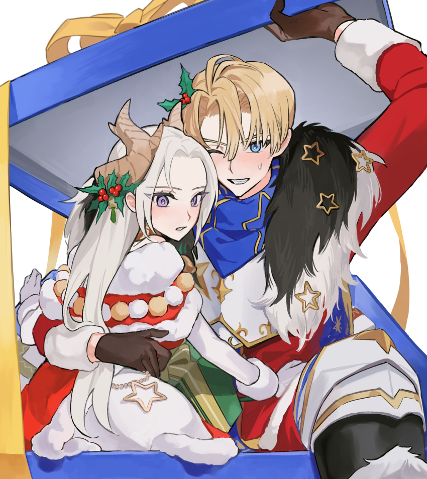 1boy, 1girl, arm_hug, arm_up, armor, bare_shoulders, blonde_hair, blue_eyes