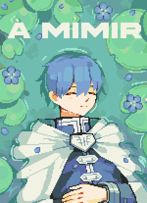 1boy, a_mimir_(meme), blue_flower, blue_hair, blue_shirt, brooch, cape, cloak