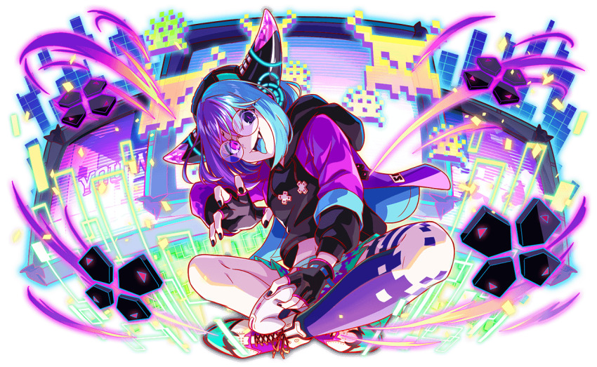 anime_coloring, aqua_hair, aqua_tongue, artist_request, asymmetrical_legs, bare_legs, black_gloves, black_hood, black_hoodie, black_nails, black_sleeves, blunt_bangs, bob_cut, chunithm, claw_pose, colored_skin, controller, crash_fever, crossed_legs, d-pad, d-pad_ornament, drawstring, english_text, eyelashes, fake_horns, fangs, fingerless_gloves, full_body, game_cg, game_controller, gloves, green_skirt, head_tilt, headphones, heterochromia, holding, holding_controller, holding_game_controller, hood, hoodie, horns, hyakki_(chunithm), jacket, knot, looking_at_viewer, medium_hair, midriff_peek, miniskirt, multicolored_shoes, multicolored_skin, navel, number_print, numbered, official_art, open_mouth, outline, pleated_skirt, purple_eyes, purple_hair, purple_jacket, purple_skin, purple_skirt, purple_sleeves, red_outline, ribbon-trimmed_gloves, ribbon_trim, rimless_eyewear, round_eyewear, sega, shoes, sitting, skirt, sleeve_cuffs, sneakers, solo, square, square_print, straight_hair, tachi-e, television, third-party_source, three-quarter_sleeves, tongue, tongue_out, transparent_background, two-sided_fabric, two-sided_jacket, two-tone_skin, two-tone_skirt, white_skirt