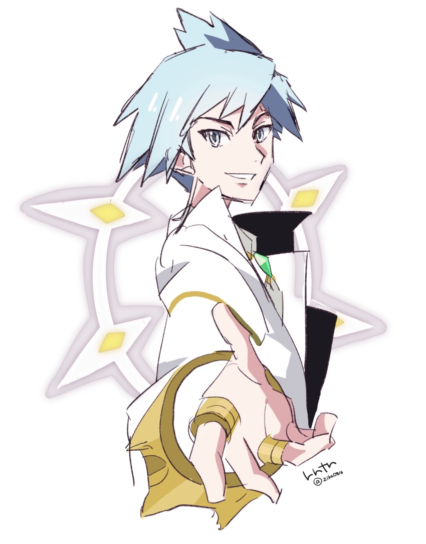 1boy, 6l226, blue_eyes, blue_hair, from_side, highres, jacket, jewelry