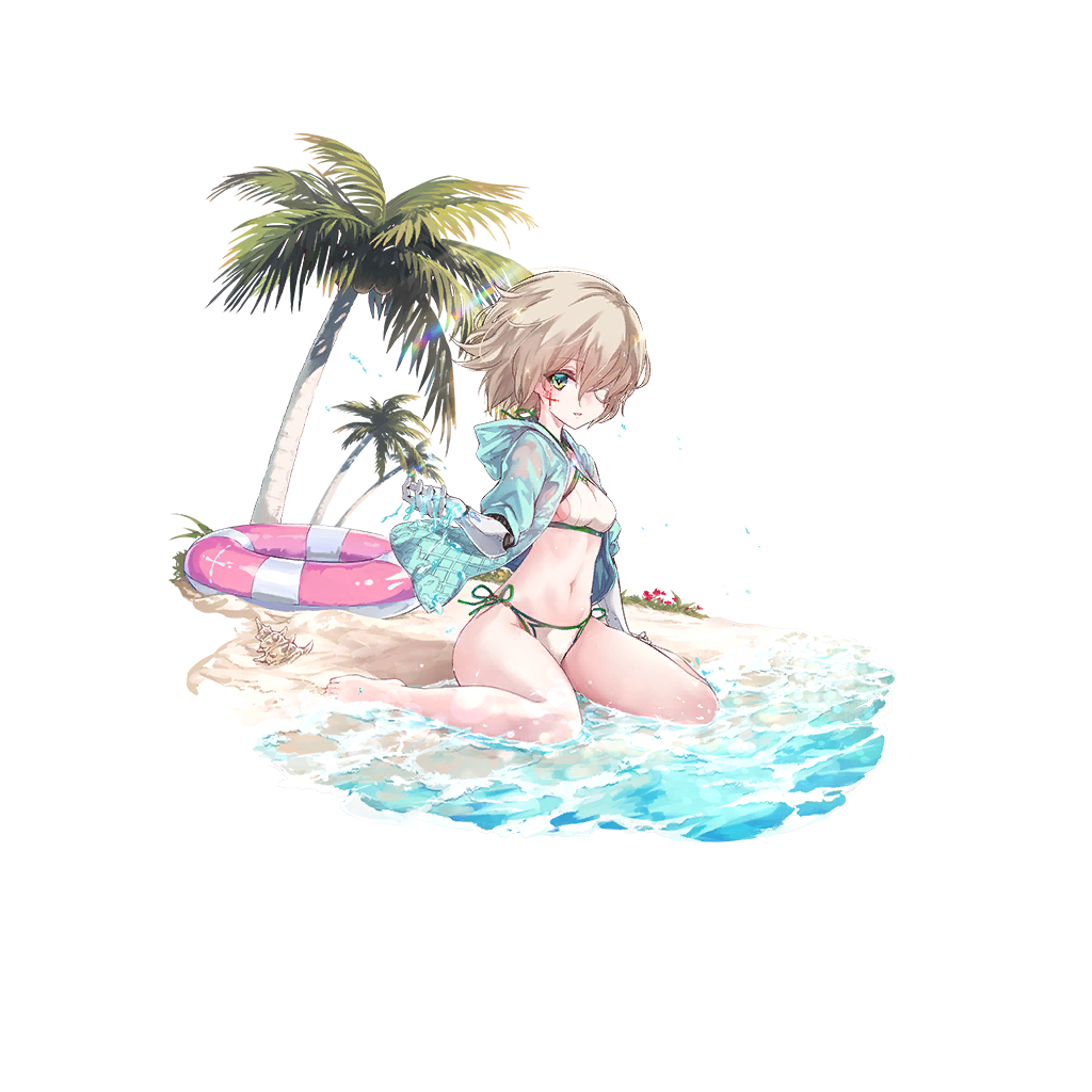 1girl, ahat_(ta_ga_tame_no_alchemist), beach, bikini, breasts, brown_hair, closed_mouth, eyepatch